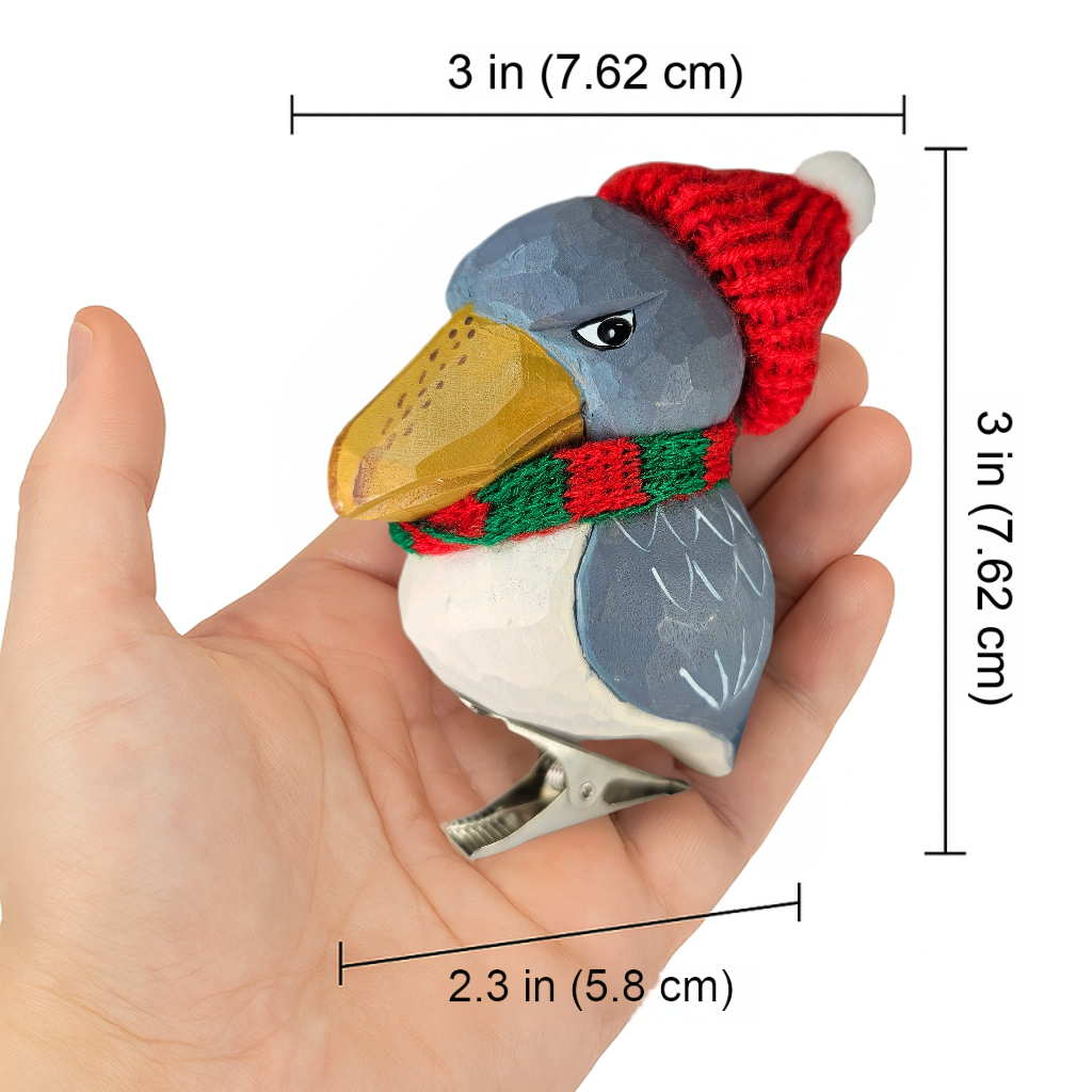 Shoebill Bird Clip‑On Wooden Ornament with Red Knit Hat & Scarf - Gift Box Included