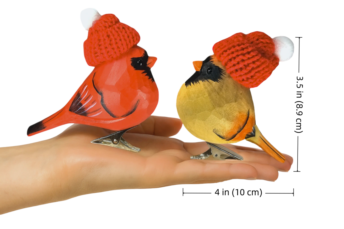 Cardinal Couple Clip‑On Christmas Wooden Ornaments with Mini Knit Hats – Gift Box Included