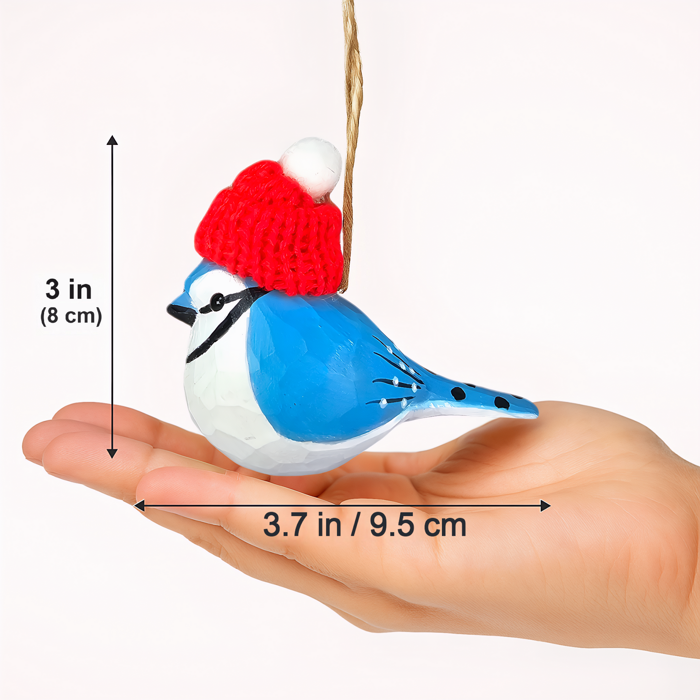 Blue Jay with Red Knit Hat – Wooden Ornament, Gift Box Included