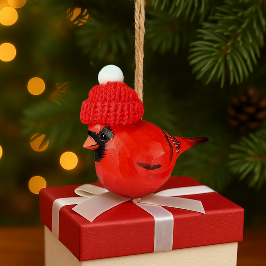 Cardinal with Red Knit Hat – Wooden Ornament, Gift Box Included