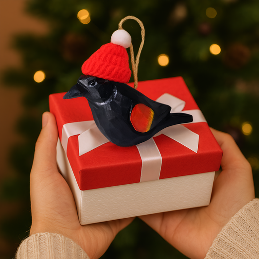 Red‑Winged Blackbird Christmas Ornament with Red Knit Hat – Gift Box Included