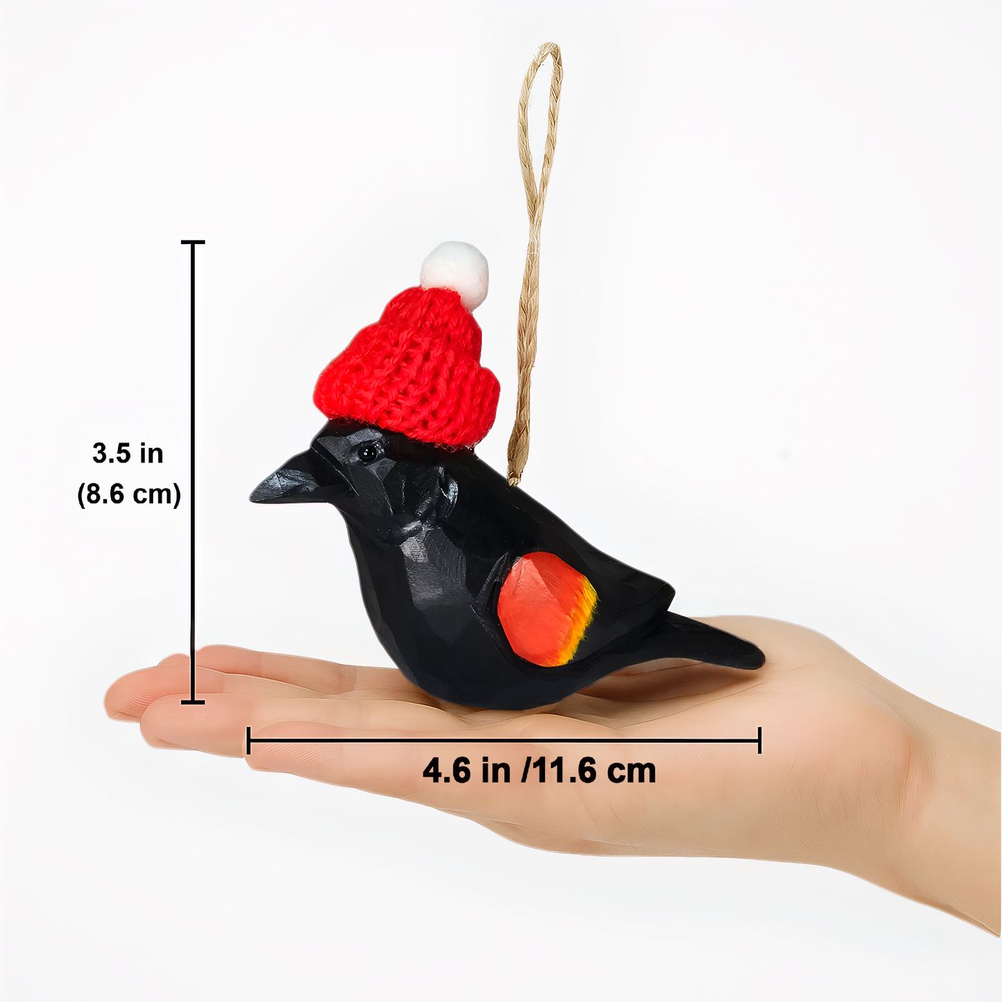 Red‑Winged Blackbird Christmas Ornament with Red Knit Hat – Gift Box Included