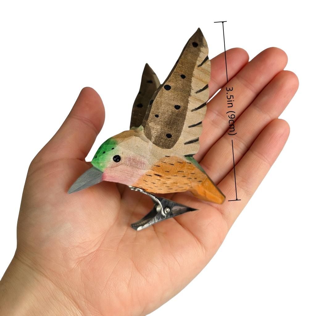 Hummingbird Clip‑On Wooden Ornament - Hand‑Carved, Hand‑Painted, Gift Box Included