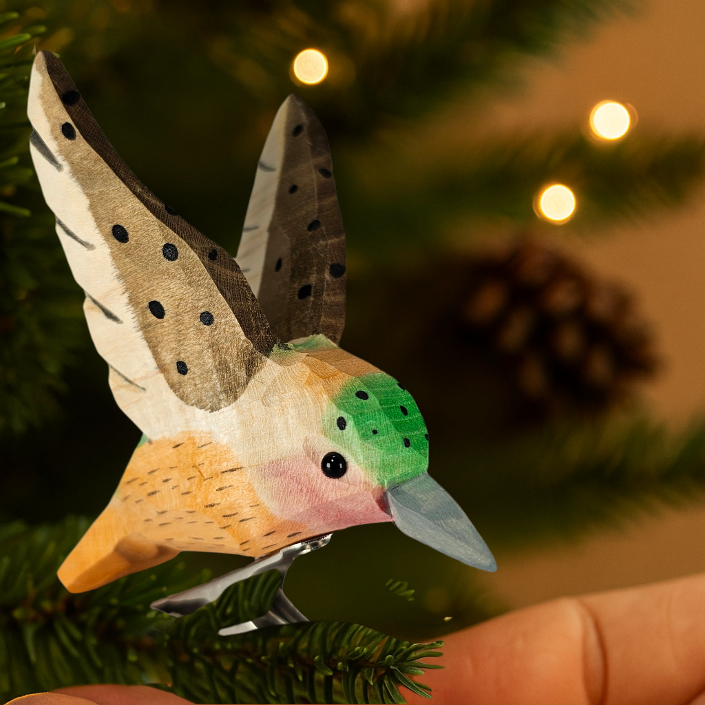 Hummingbird Clip‑On Wooden Ornament - Hand‑Carved, Hand‑Painted, Gift Box Included
