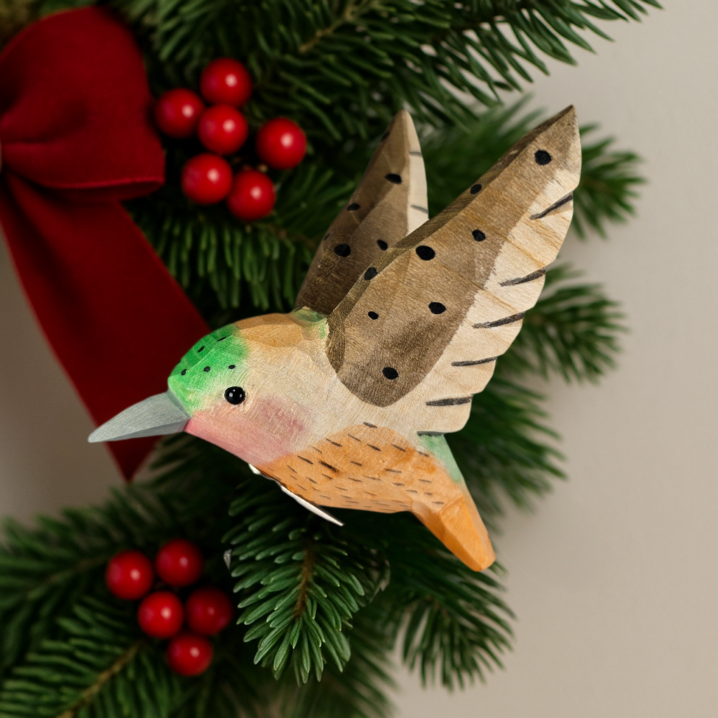 Hummingbird Clip‑On Wooden Ornament - Hand‑Carved, Hand‑Painted, Gift Box Included