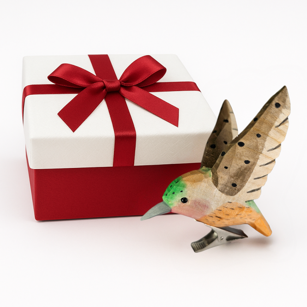 Hummingbird Clip‑On Wooden Ornament - Hand‑Carved, Hand‑Painted, Gift Box Included