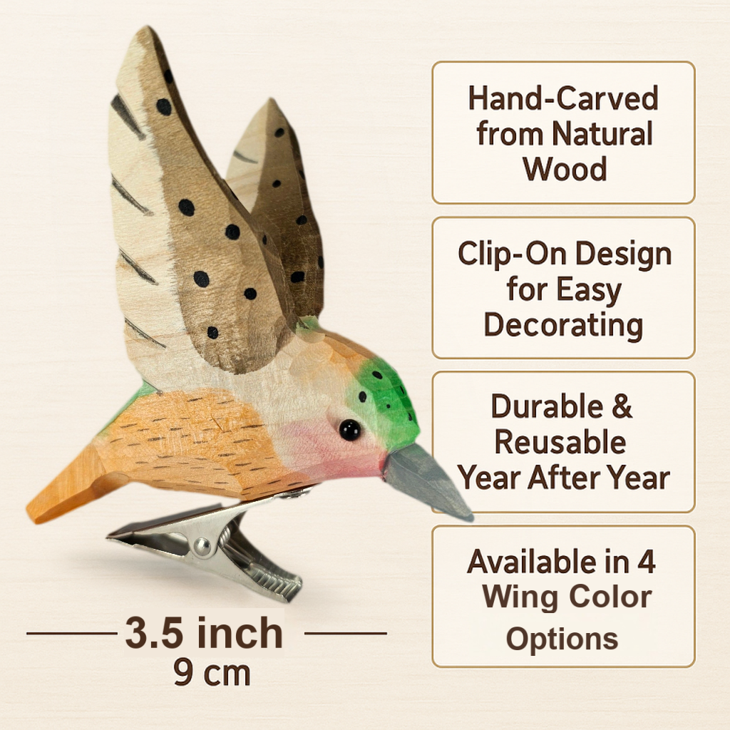 Hummingbird Clip‑On Wooden Ornament - Hand‑Carved, Hand‑Painted, Gift Box Included
