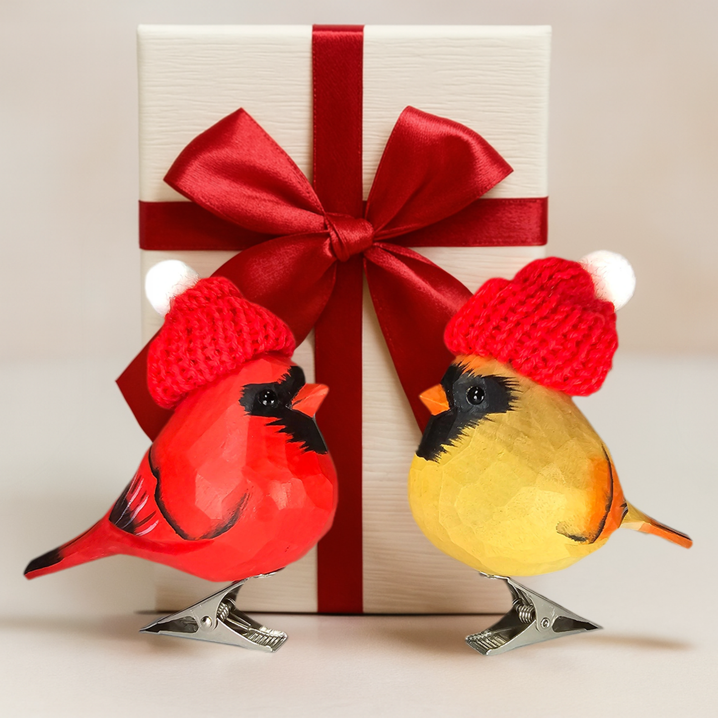 Cardinal Couple Clip‑On Christmas Wooden Ornaments with Mini Knit Hats – Gift Box Included