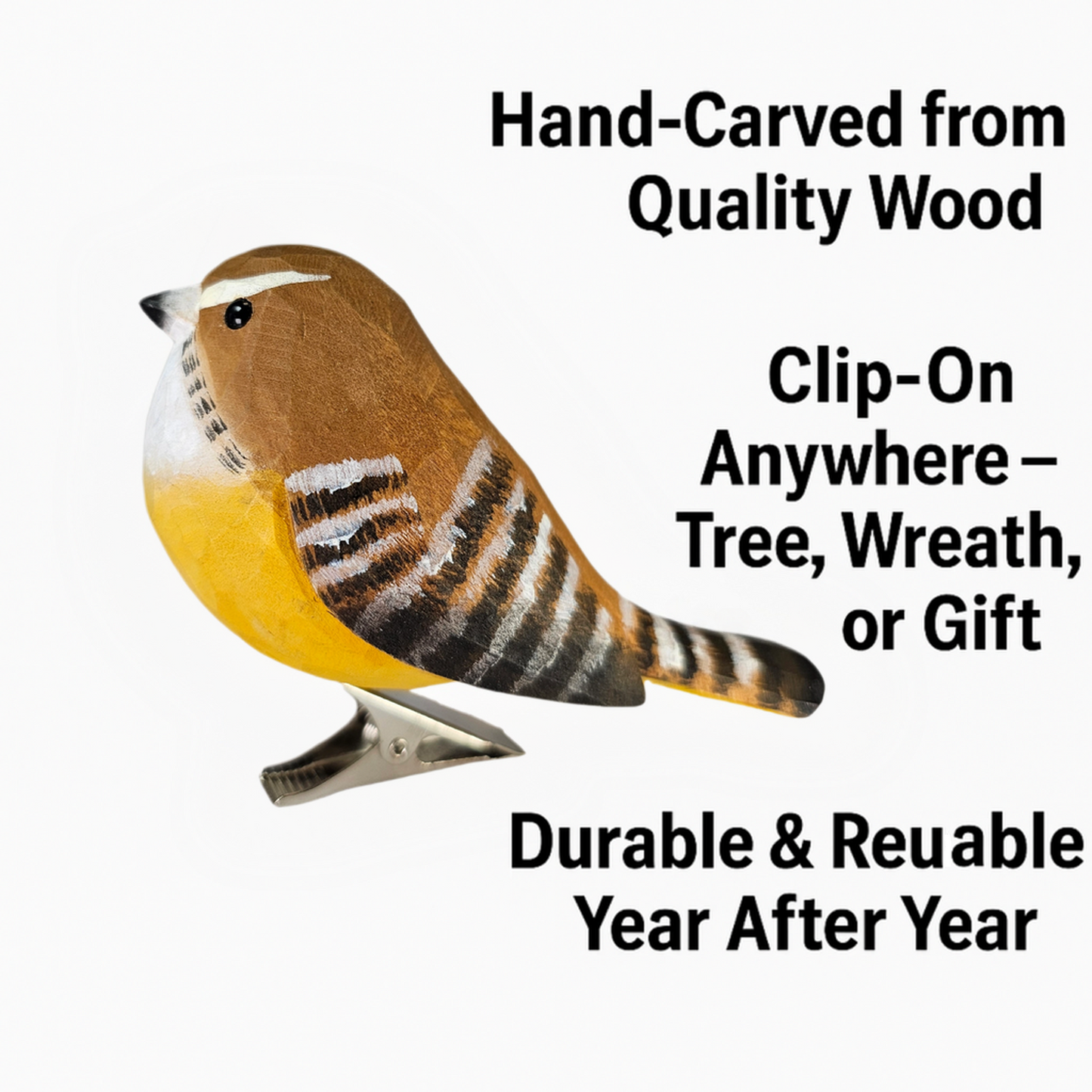 Carolina Wren Clip‑On Wooden Ornament – Gift Box Included