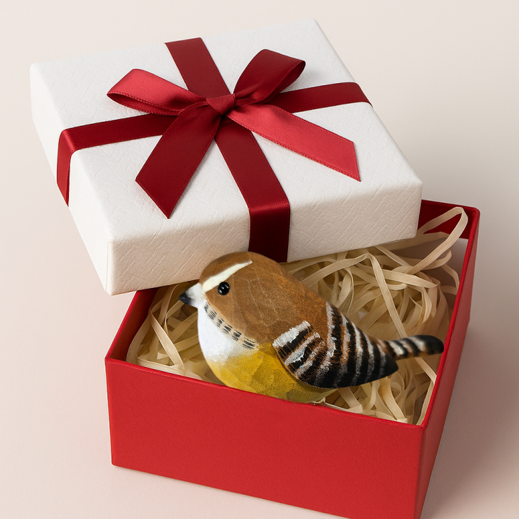 Carolina Wren Clip‑On Wooden Ornament – Gift Box Included