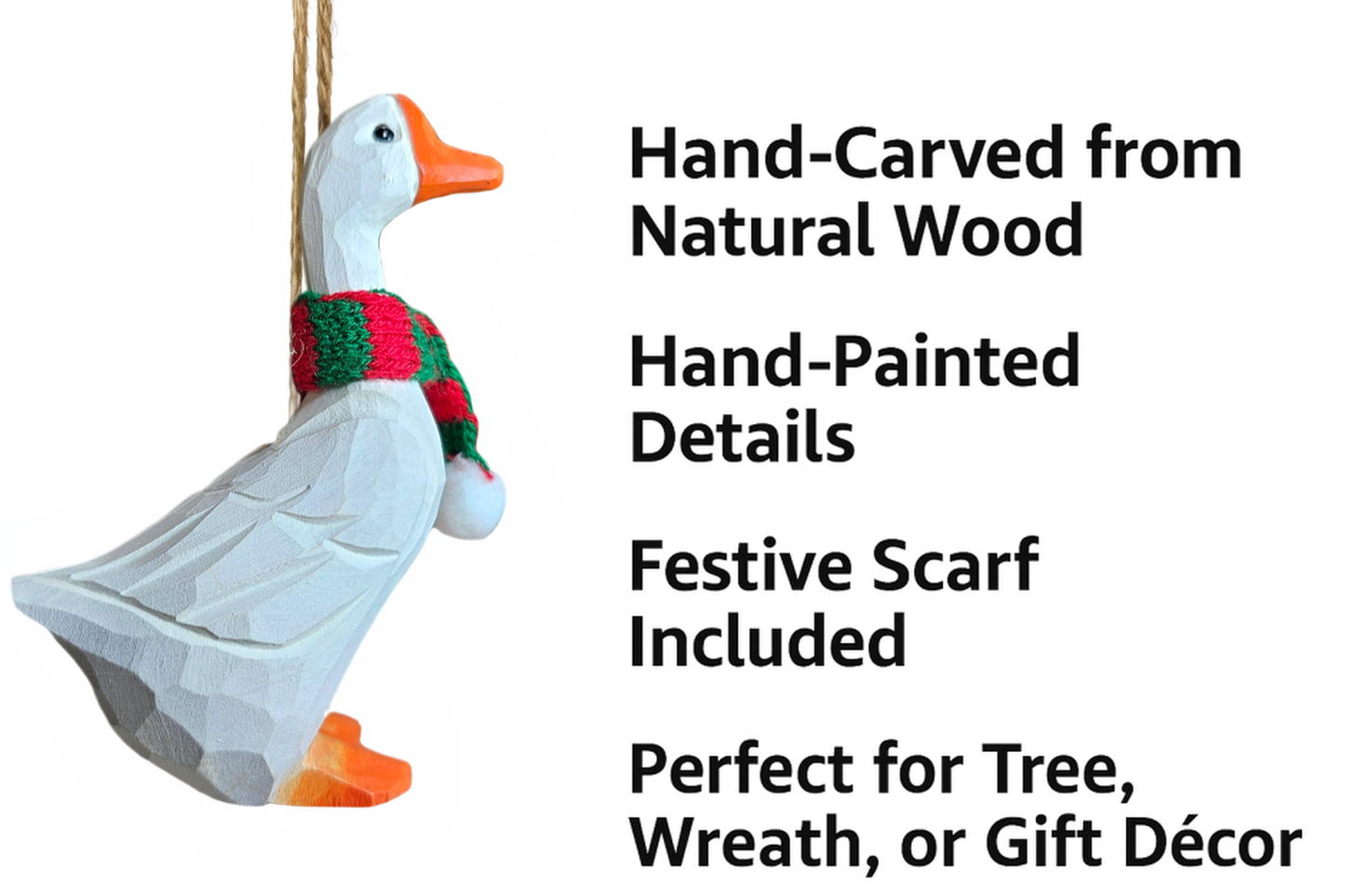 Goose Christmas Wooden Ornament with Mini Knit Scarf – Hanging, Gift Box Included