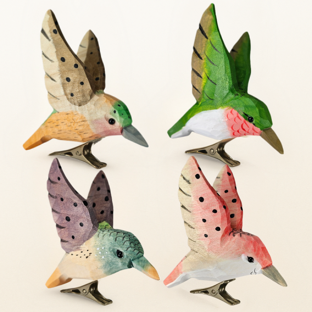 Hummingbird Clip‑On Wooden Ornament - Hand‑Carved, Hand‑Painted, Gift Box Included