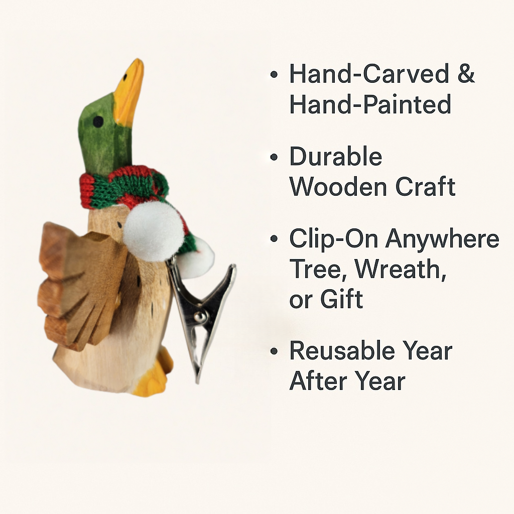 Mallard Duck Clip‑On Wooden Christmas Ornament ‑ Gift Box Included