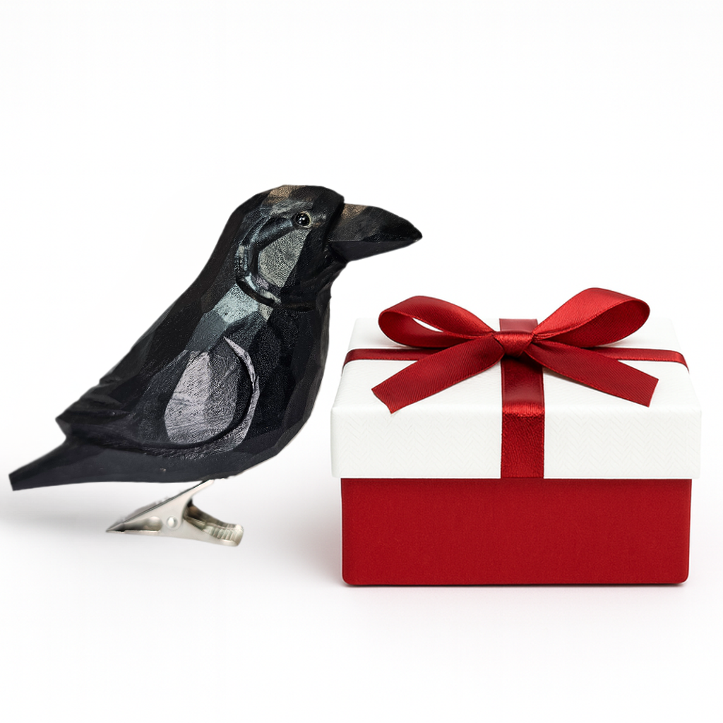 Raven Clip‑On Wooden Ornament - Gift Box Included