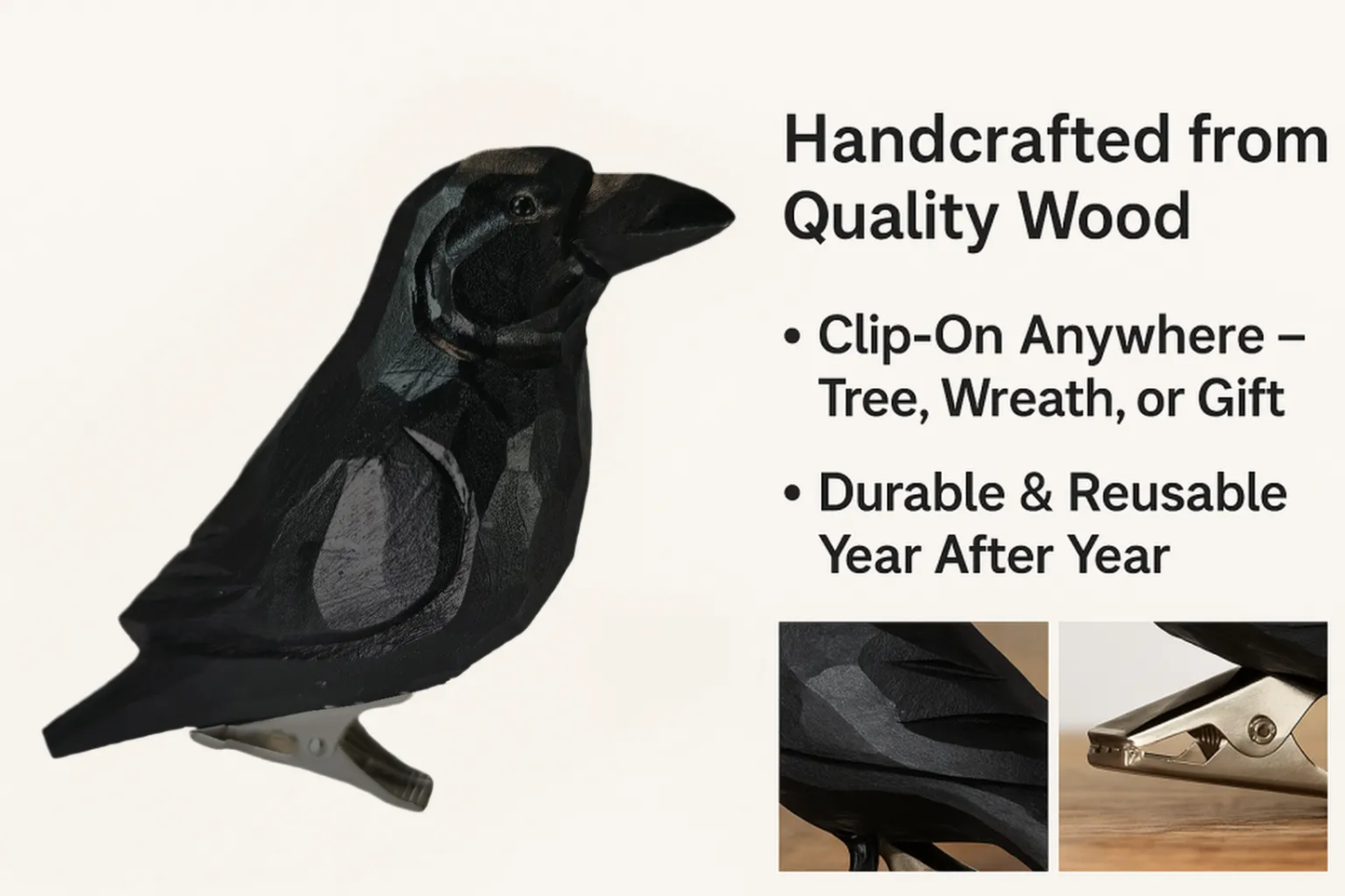 Raven Clip‑On Wooden Ornament - Gift Box Included