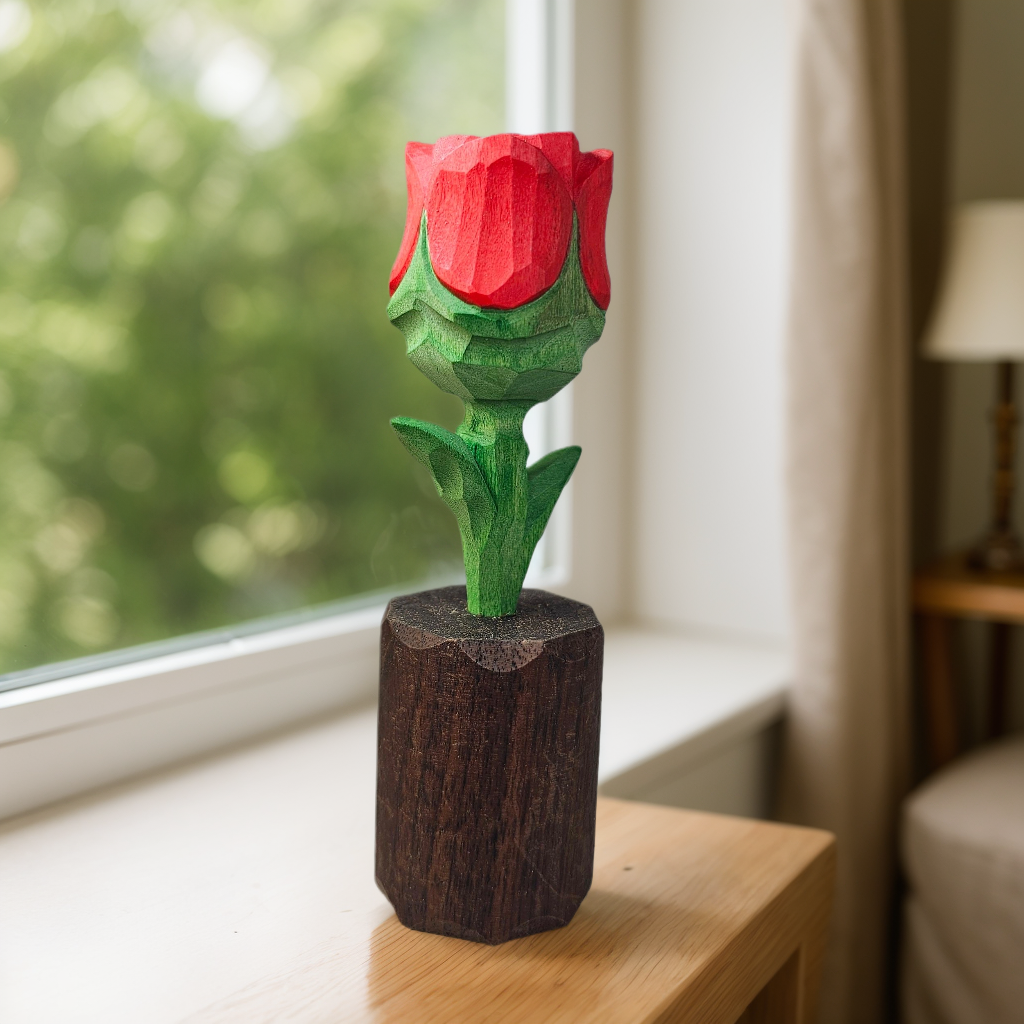 Rose Wooden Flower Figurine - Gift Box Included