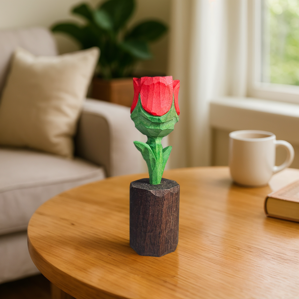 Rose Wooden Flower Figurine - Gift Box Included