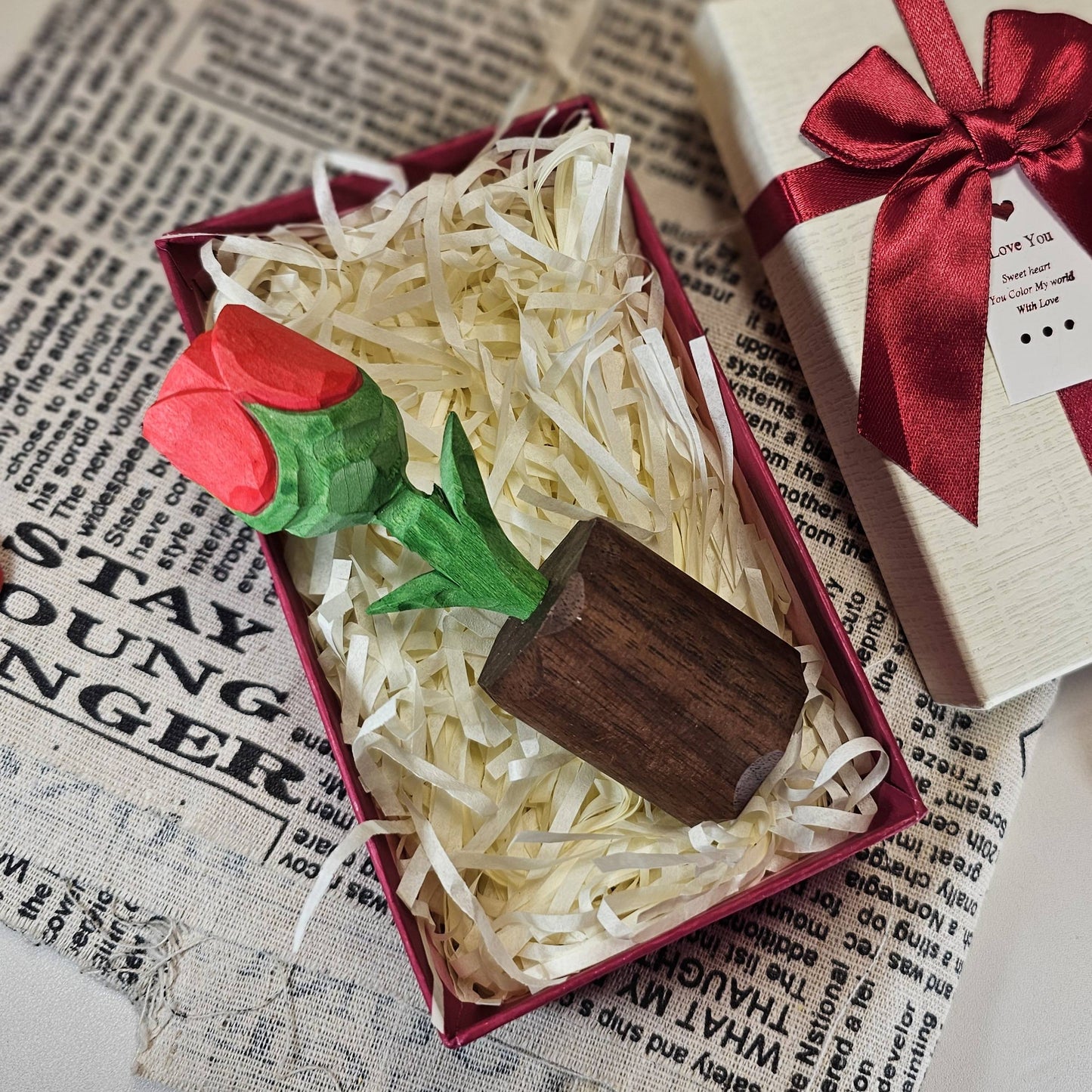 Rose Wooden Flower Figurine - Gift Box Included