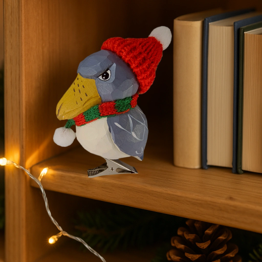 Shoebill Bird Clip‑On Wooden Ornament with Red Knit Hat & Scarf -  Gift Box Included