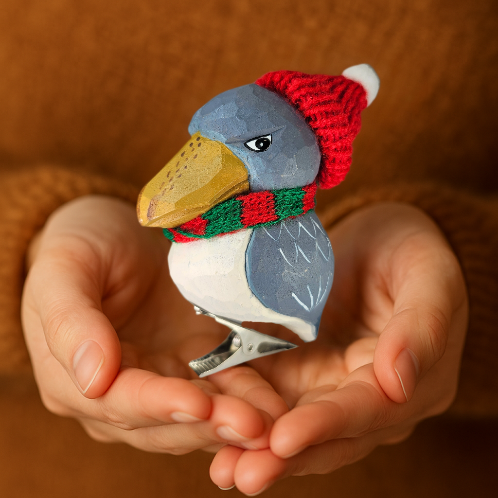 Shoebill Bird Clip‑On Wooden Ornament with Red Knit Hat & Scarf -  Gift Box Included
