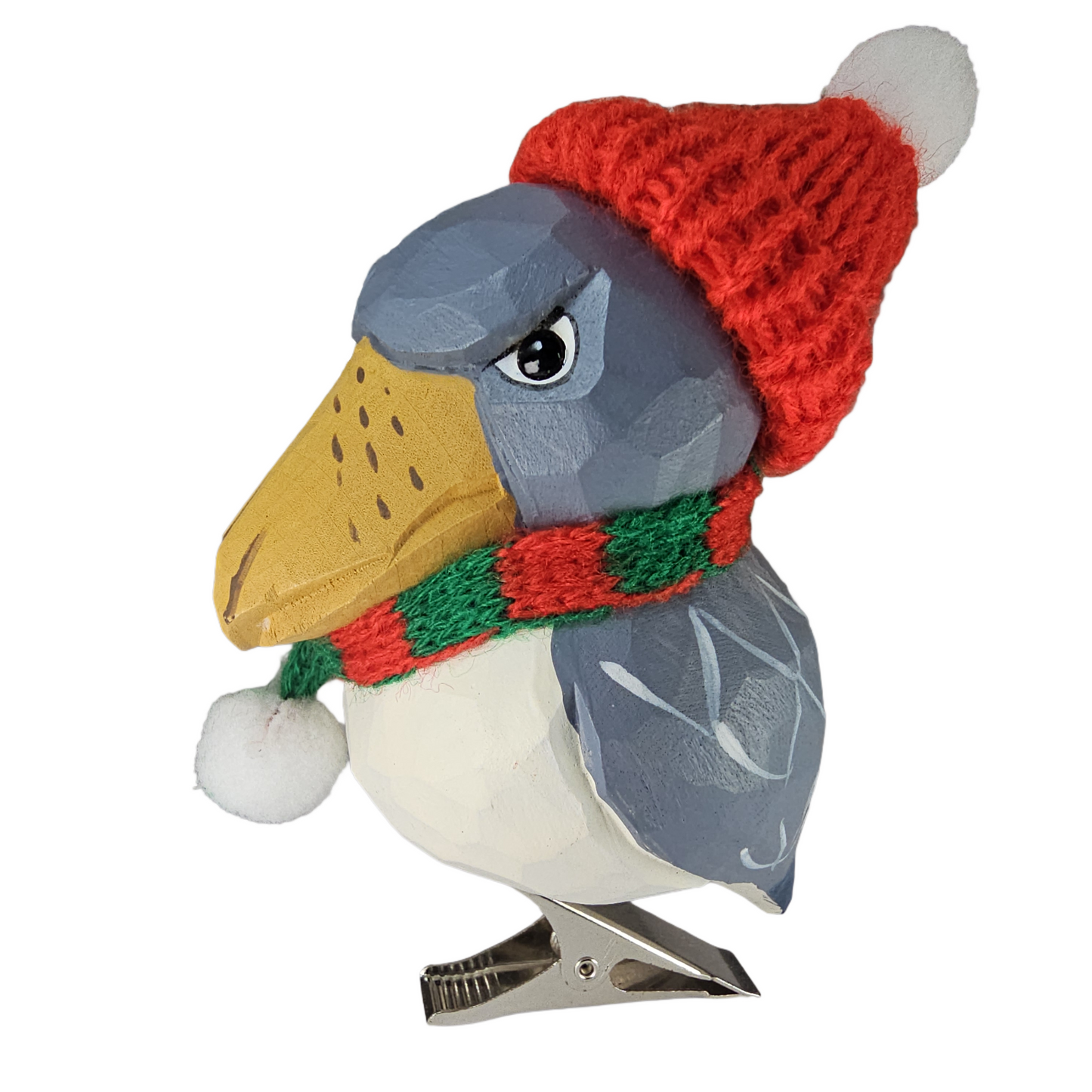 Shoebill Bird Clip‑On Wooden Ornament with Red Knit Hat & Scarf -  Gift Box Included