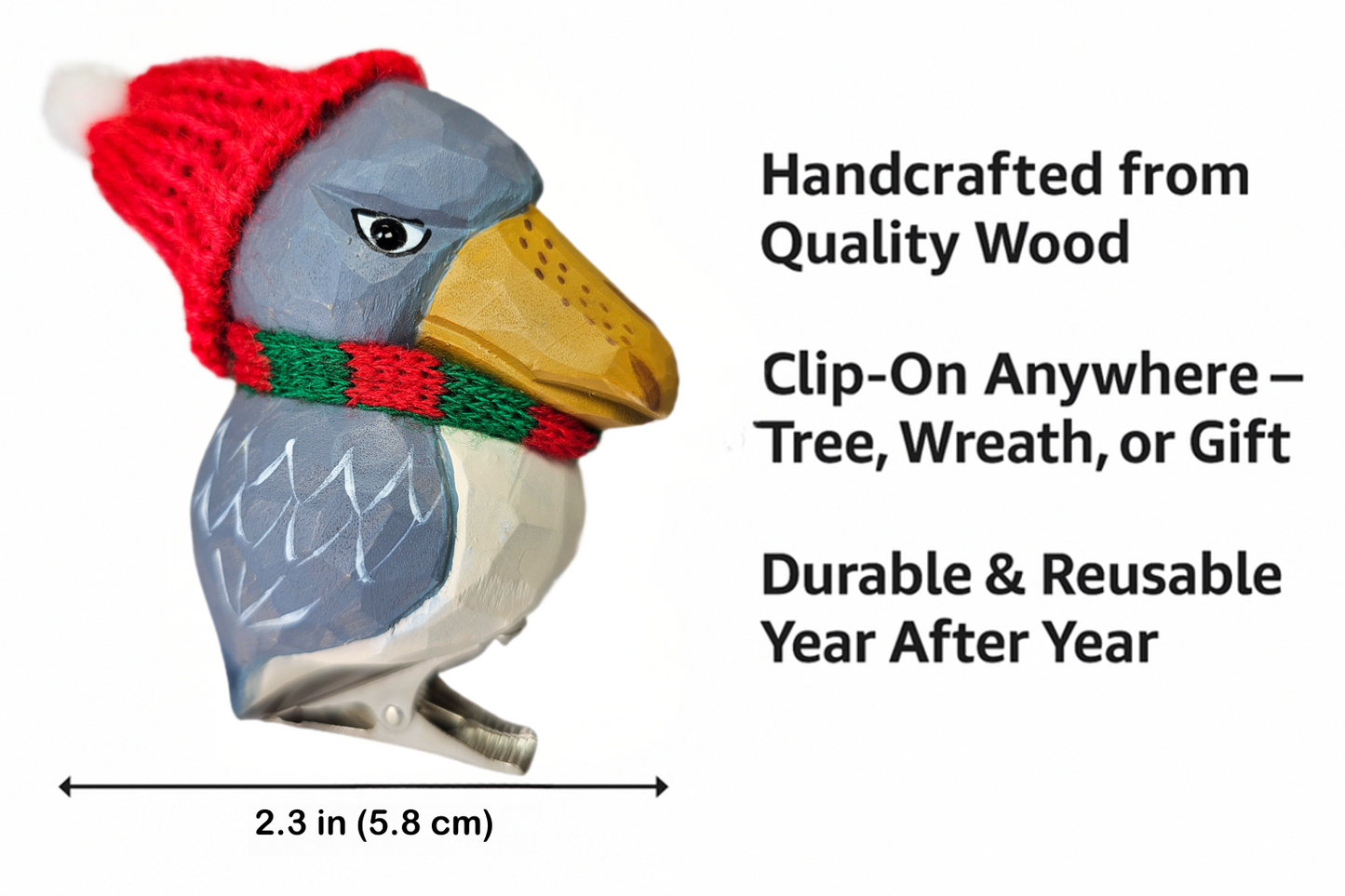 Shoebill Bird Clip‑On Wooden Ornament with Red Knit Hat & Scarf -  Gift Box Included