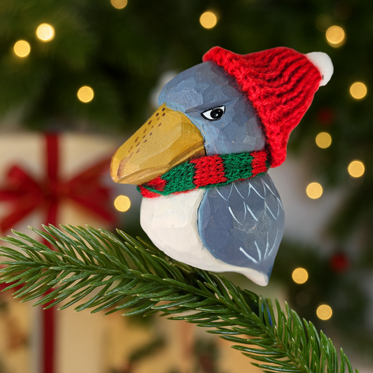 Shoebill Bird Clip‑On Wooden Ornament with Red Knit Hat & Scarf -  Gift Box Included