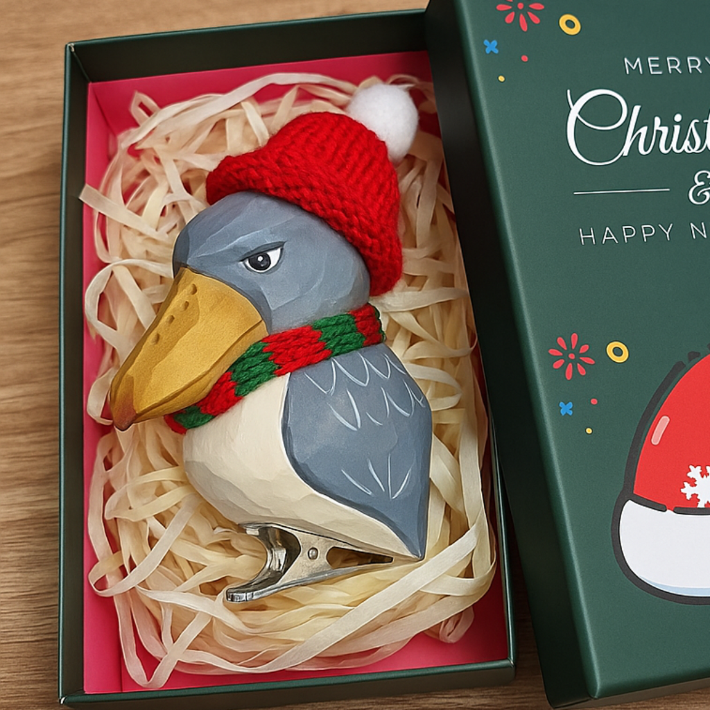 Shoebill Bird Clip‑On Wooden Ornament with Red Knit Hat & Scarf -  Gift Box Included