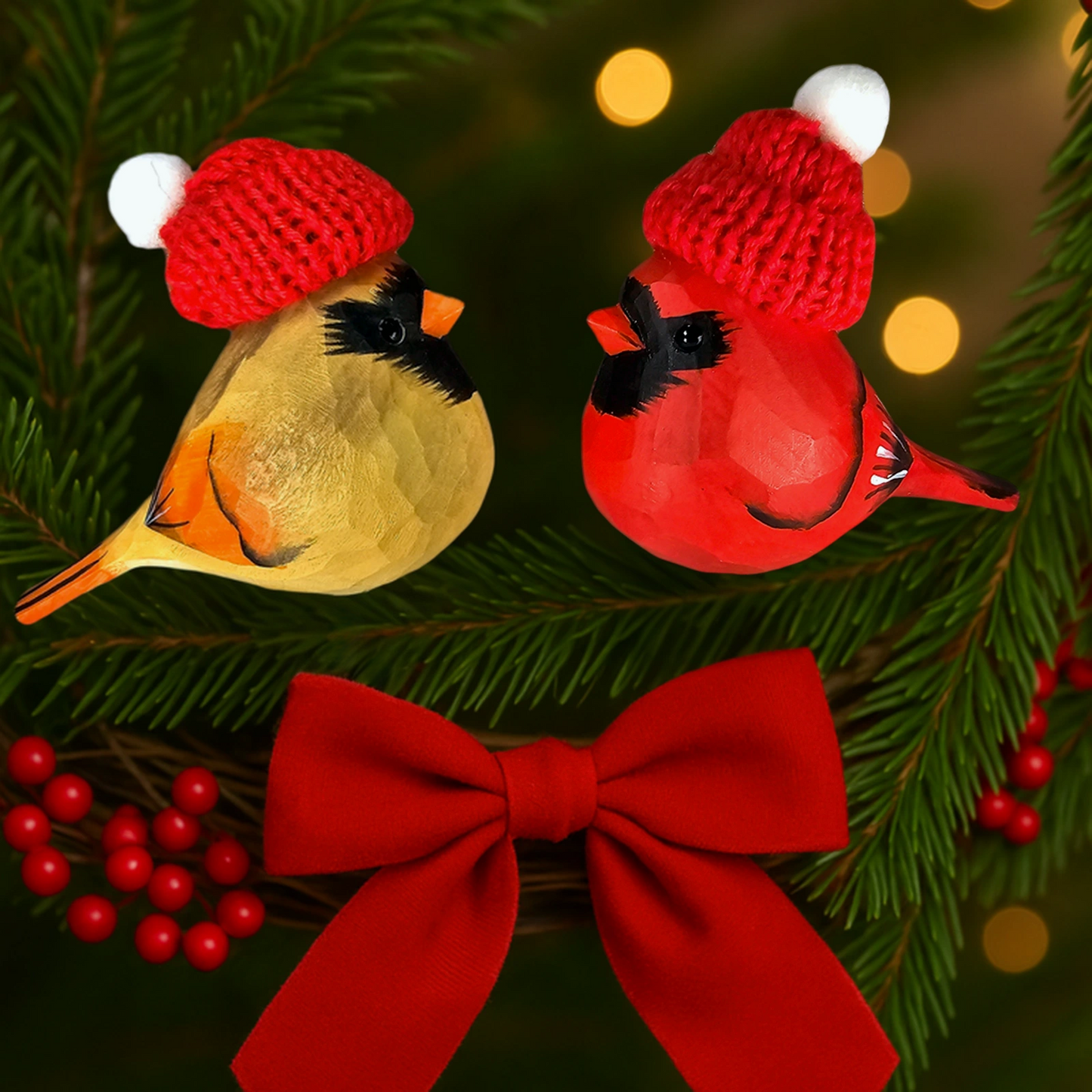 Cardinal Couple Clip‑On Christmas Wooden Ornaments with Mini Knit Hats – Gift Box Included