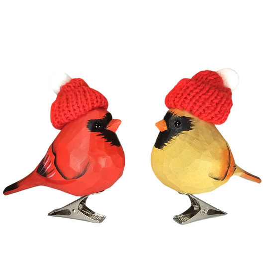 Cardinal Couple Clip‑On Christmas Wooden Ornaments with Mini Knit Hats – Gift Box Included