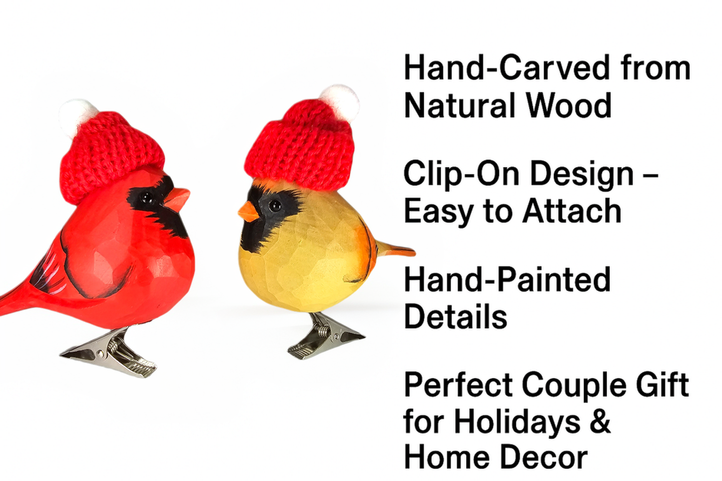 Cardinal Couple Clip‑On Christmas Wooden Ornaments with Mini Knit Hats – Gift Box Included