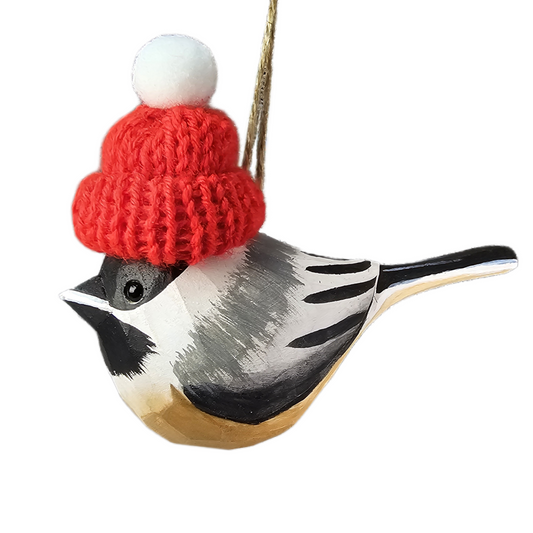 Chickadee with Red Knit Hat – Wooden Ornament, Gift Box Included