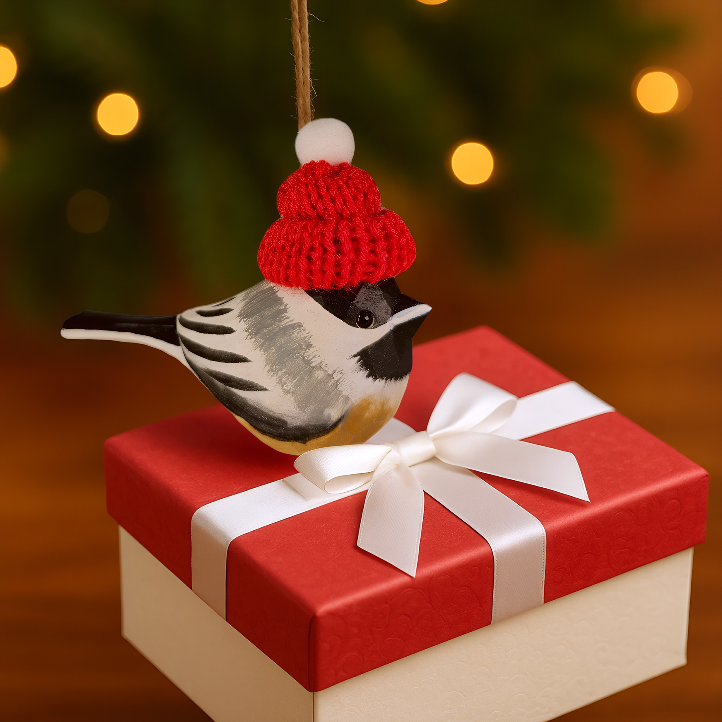 Chickadee with Red Knit Hat – Wooden Ornament, Gift Box Included