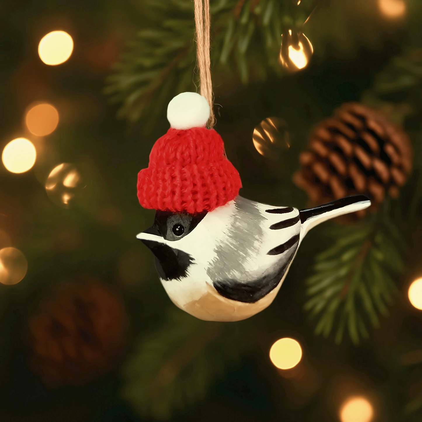 Chickadee with Red Knit Hat – Wooden Ornament, Gift Box Included
