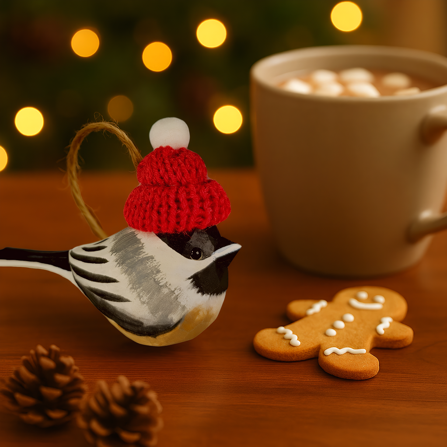 Chickadee with Red Knit Hat – Wooden Ornament, Gift Box Included