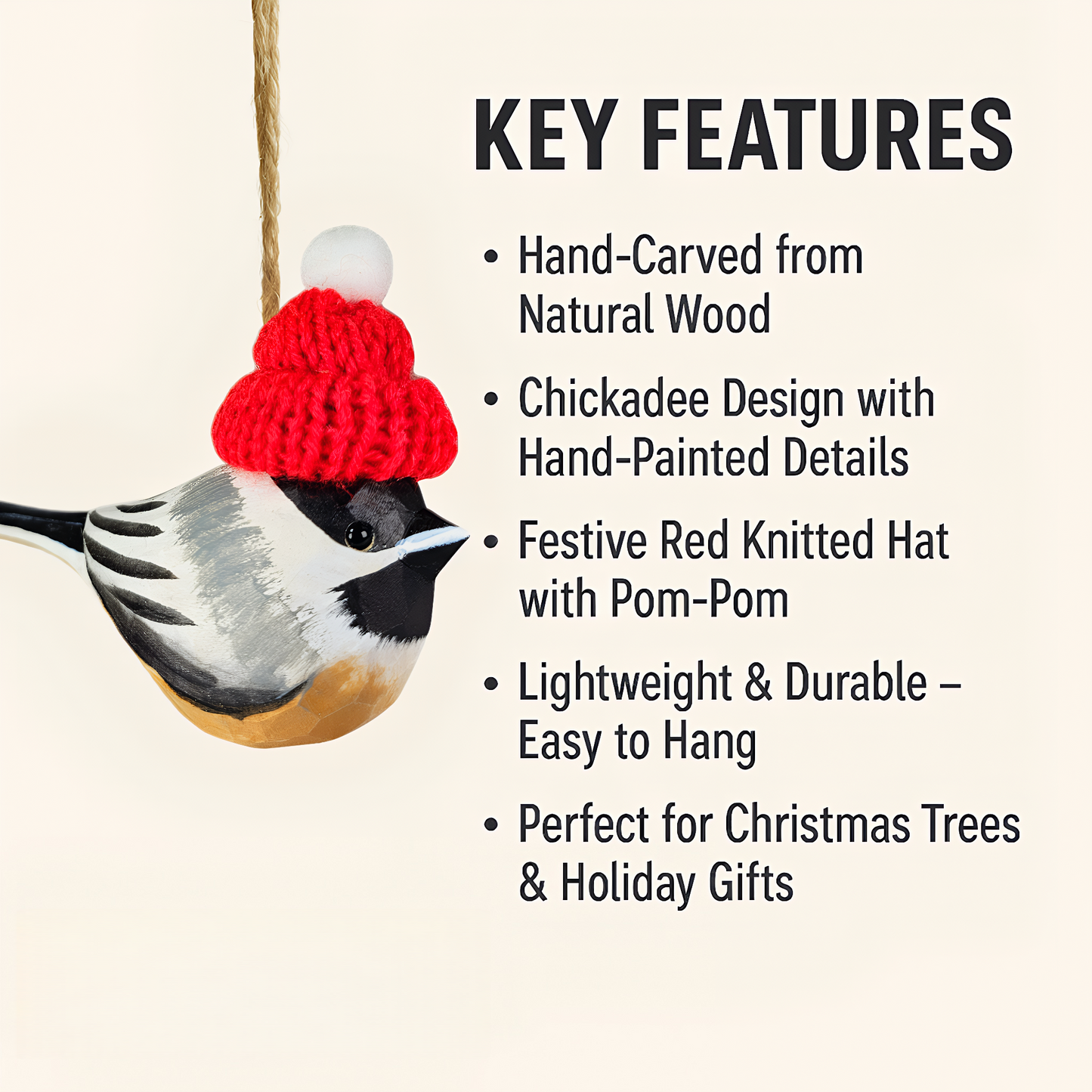 Chickadee with Red Knit Hat – Wooden Ornament, Gift Box Included