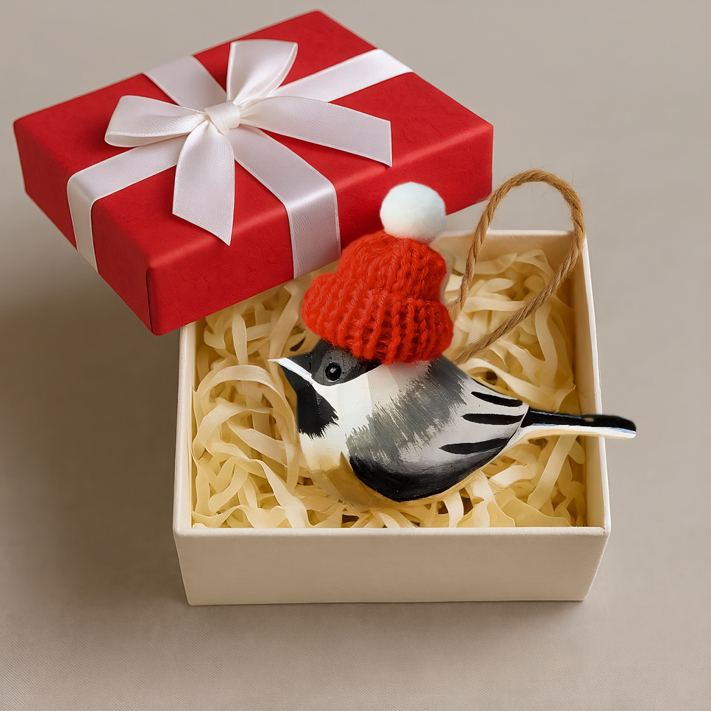 Chickadee with Red Knit Hat – Wooden Ornament, Gift Box Included
