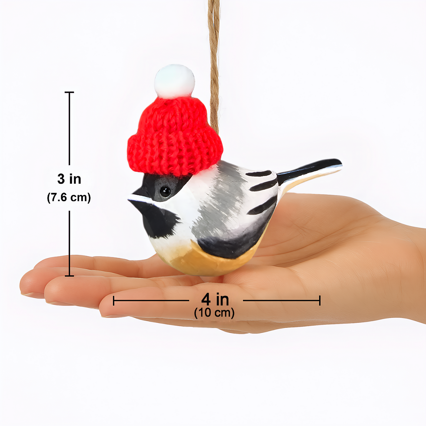 Chickadee with Red Knit Hat – Wooden Ornament, Gift Box Included
