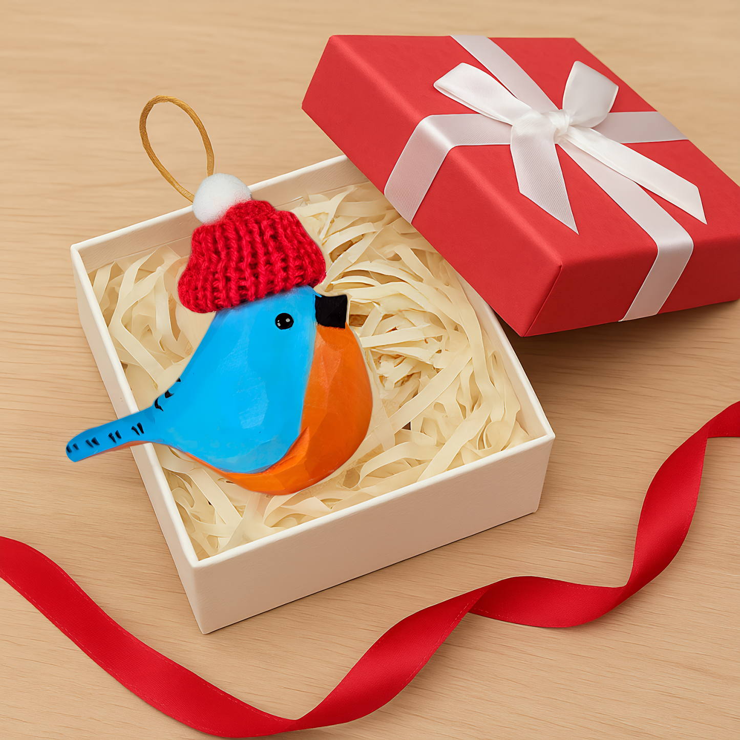 Eastern-bluebird with Mini Red Hat Wooden Ornament – Gift Box Included
