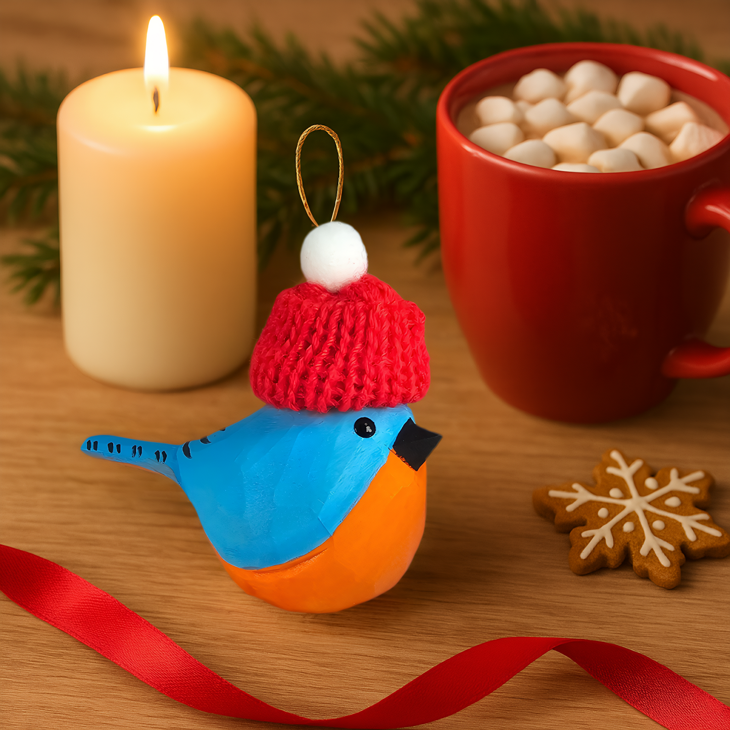 Eastern-bluebird with Mini Red Hat Wooden Ornament – Gift Box Included