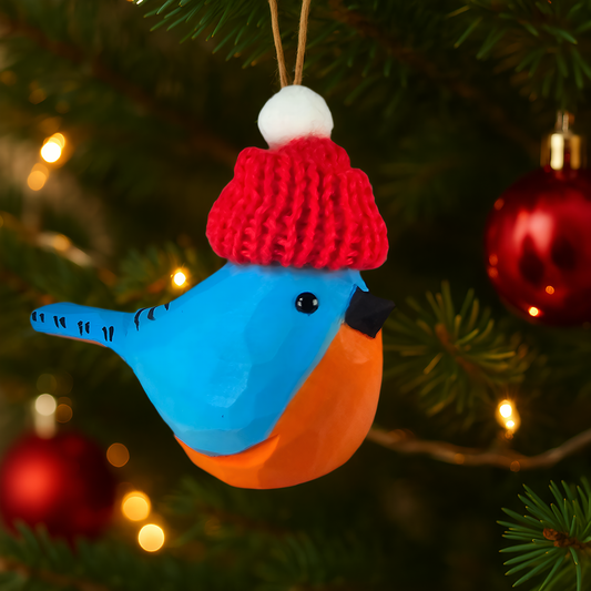 Eastern-bluebird with Mini Red Hat Wooden Ornament – Gift Box Included