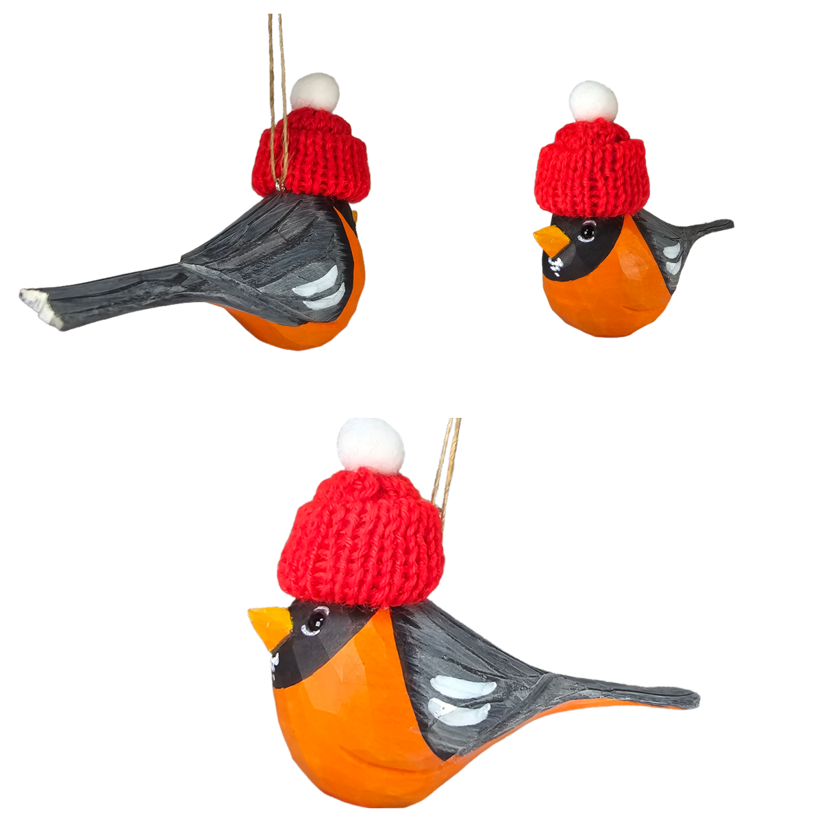 American Robin with Mini Red Hat Wooden Ornament – Gift Box Included