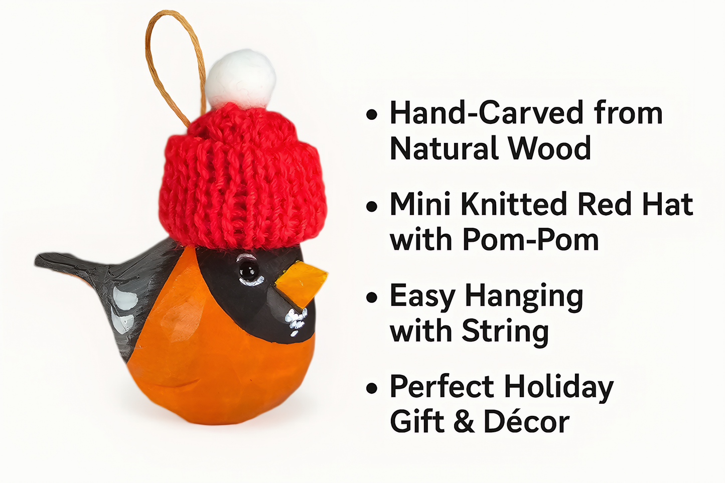 American Robin with Mini Red Hat Wooden Ornament – Gift Box Included