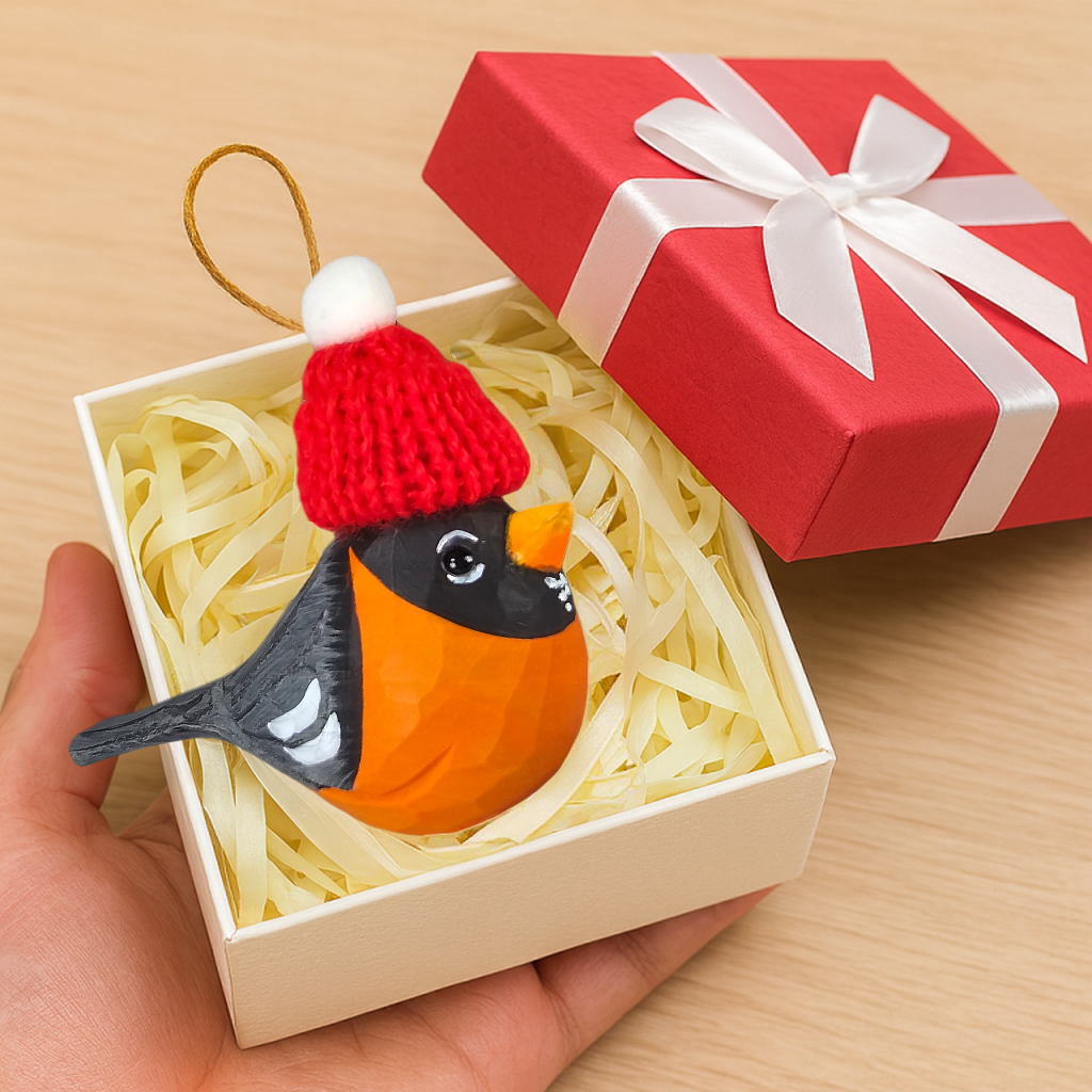 American Robin with Mini Red Hat Wooden Ornament – Gift Box Included