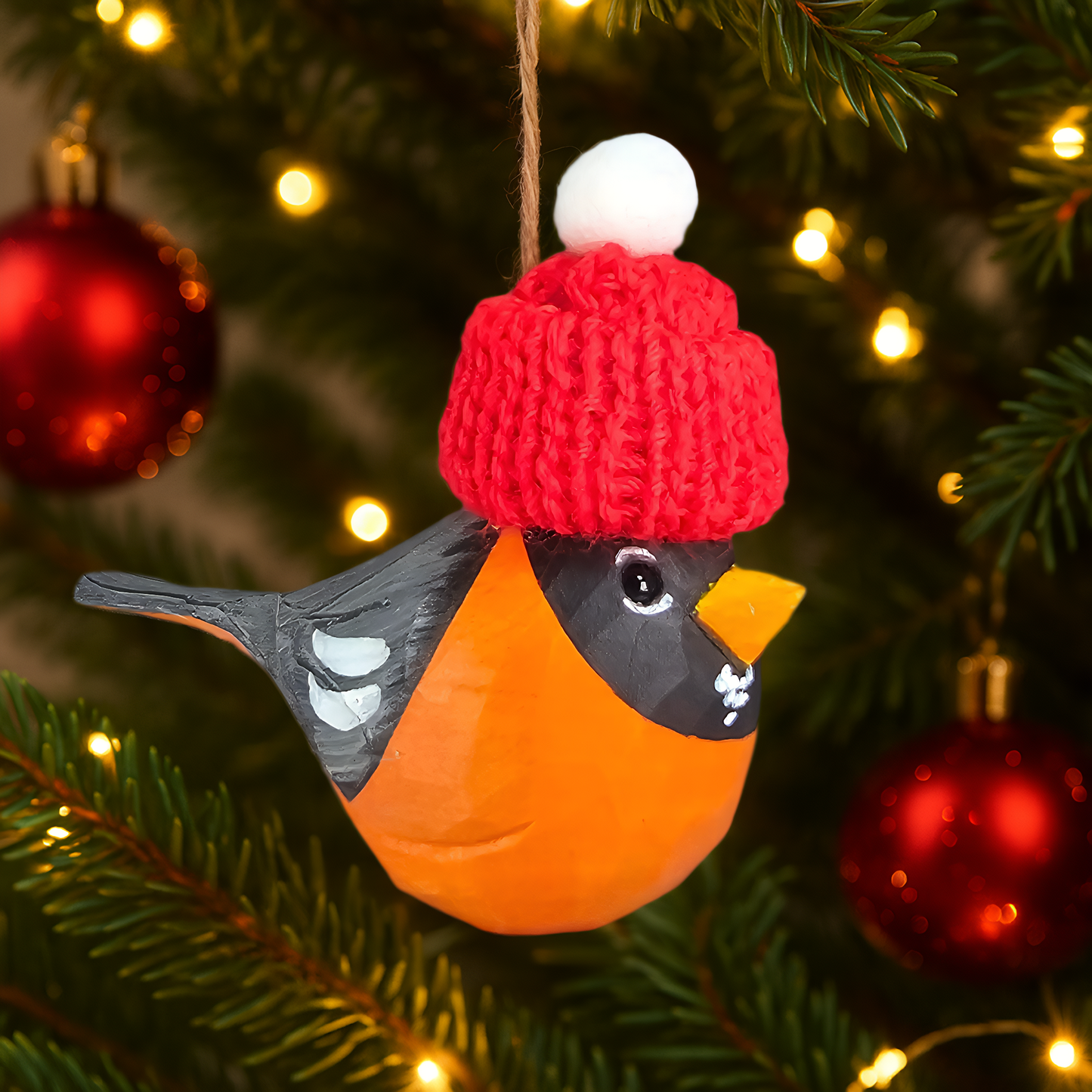 American Robin with Mini Red Hat Wooden Ornament – Gift Box Included