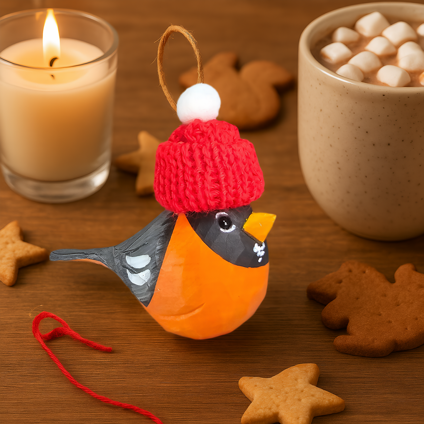 American Robin with Mini Red Hat Wooden Ornament – Gift Box Included