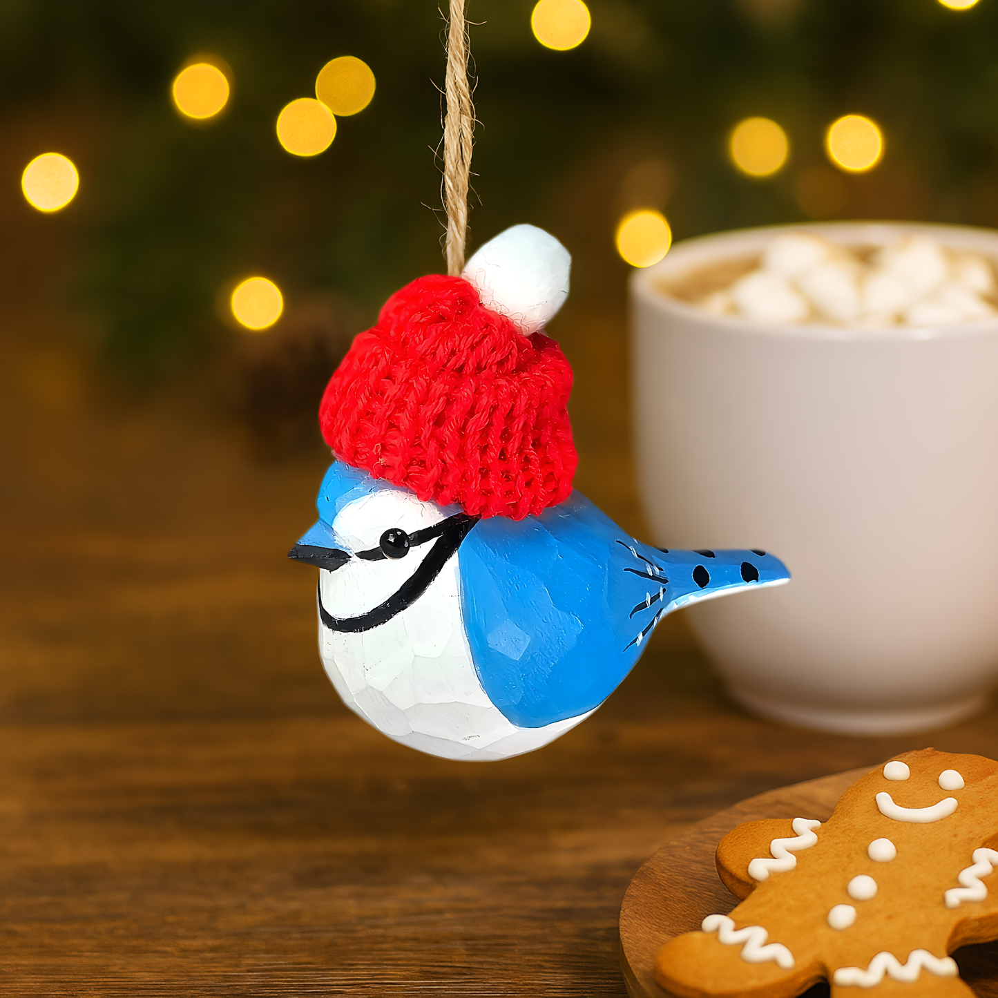 Blue Jay with Red Knit Hat – Wooden Ornament, Gift Box Included