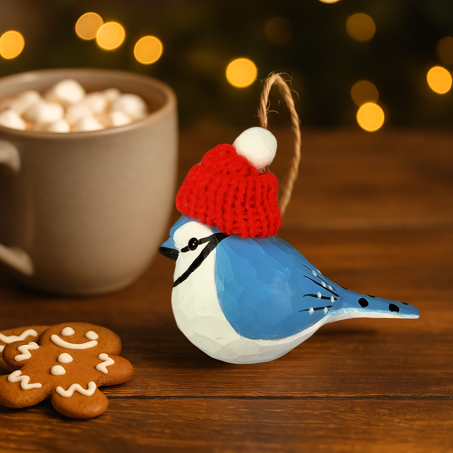 Blue Jay with Red Knit Hat – Wooden Ornament, Gift Box Included