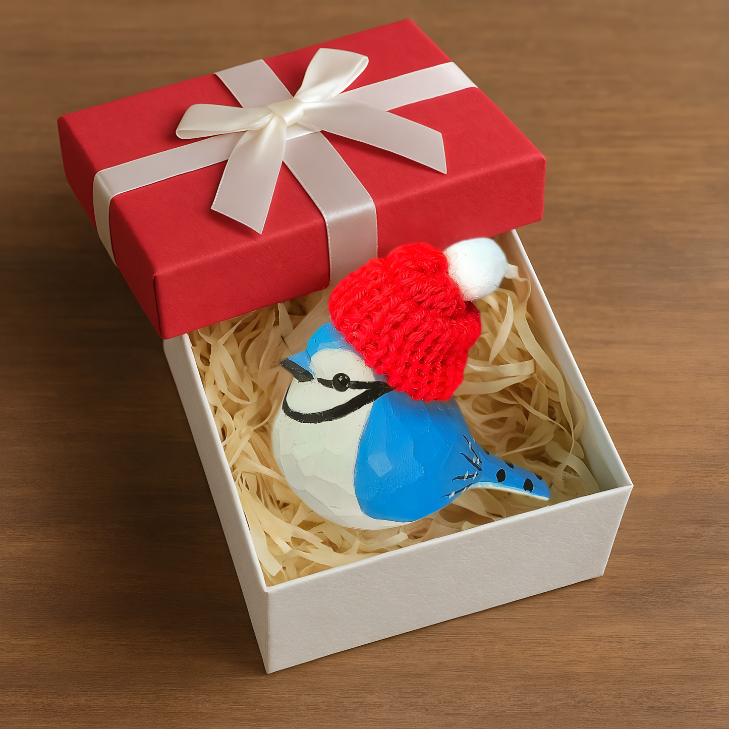 Blue Jay with Red Knit Hat – Wooden Ornament, Gift Box Included