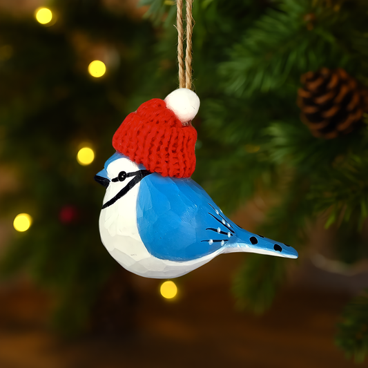 Blue Jay with Red Knit Hat – Wooden Ornament, Gift Box Included